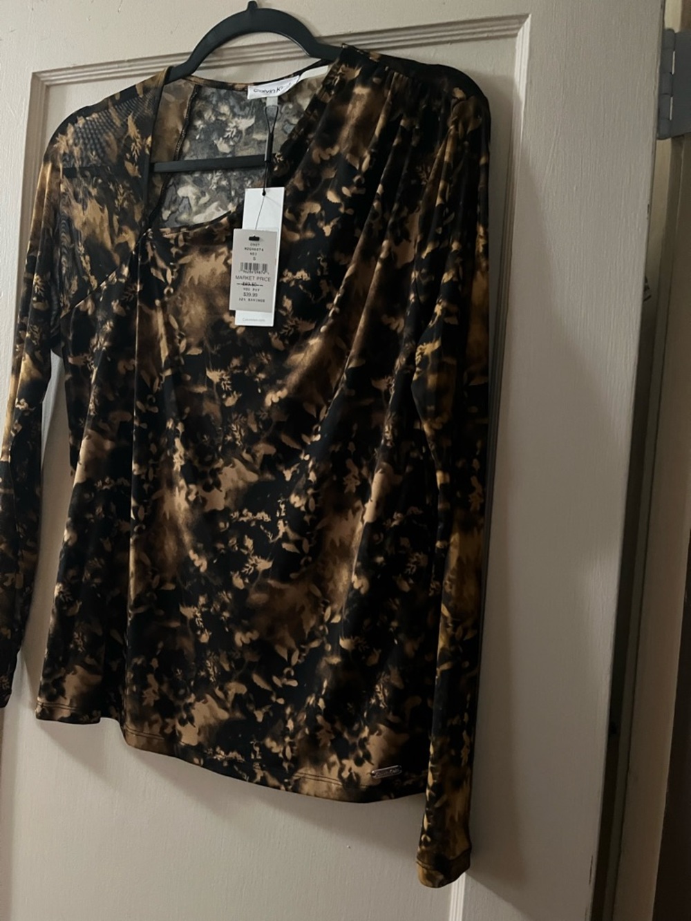 Calvin Klein Black & Brown Tie-Dye Long Sleeve Blouse